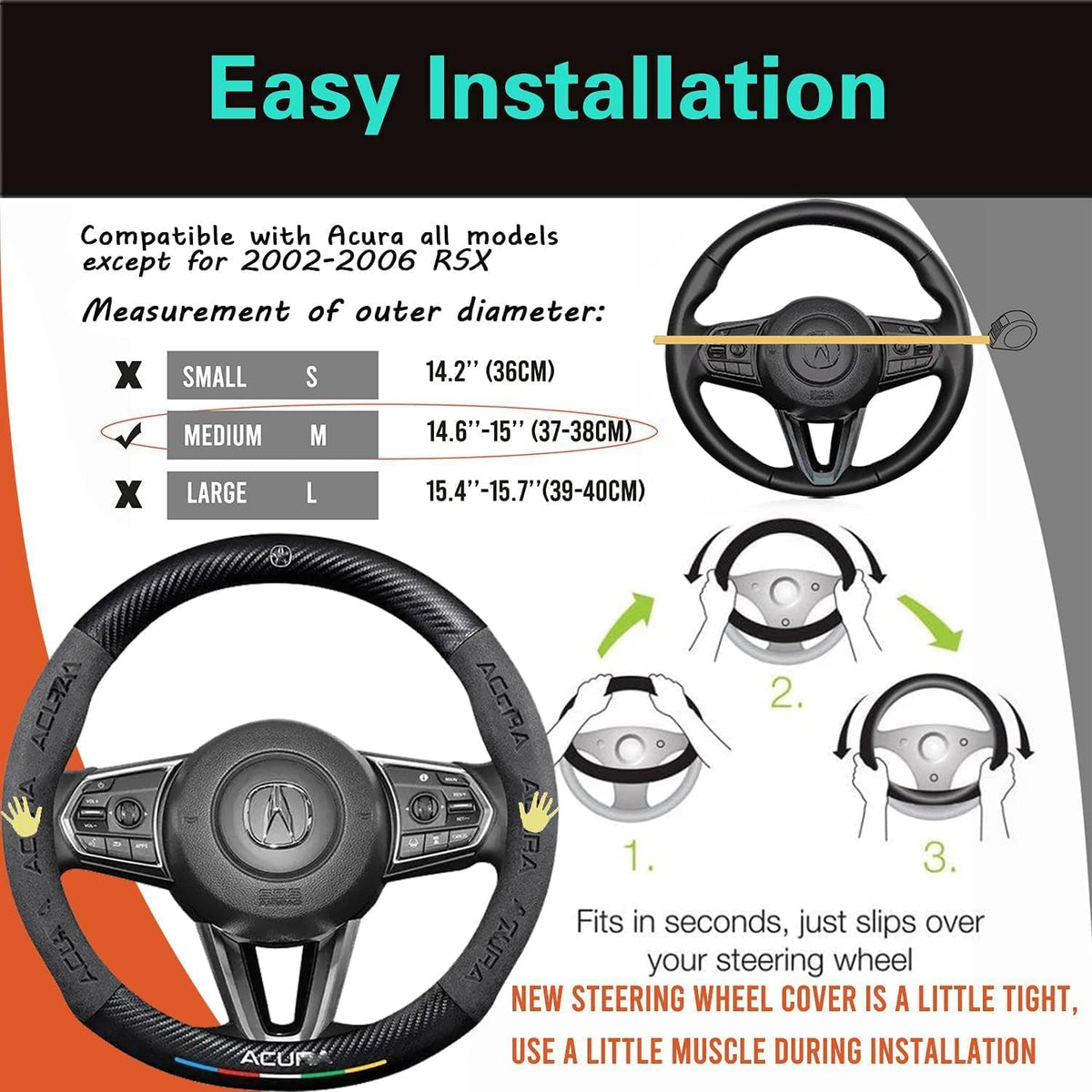 Car Steering Wheel Cover Compatible with-Acura All Models Nappa Leather&Carbon Style Car Steering Wheel Protector