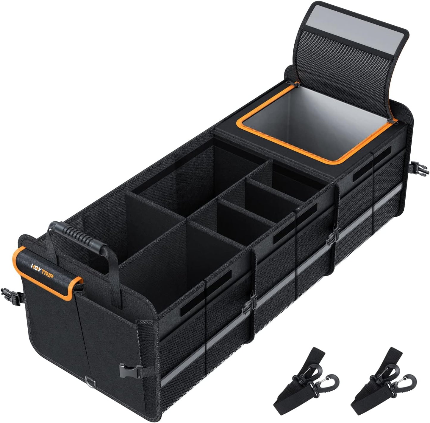 HEYTRIP Large Trunk Organizer With Built-in Leakproof Cooler Bag, 2 Tie-Down Straps, 4 Removable Dividers, Foldable Cover, Built with 2mm PE Board, Gray