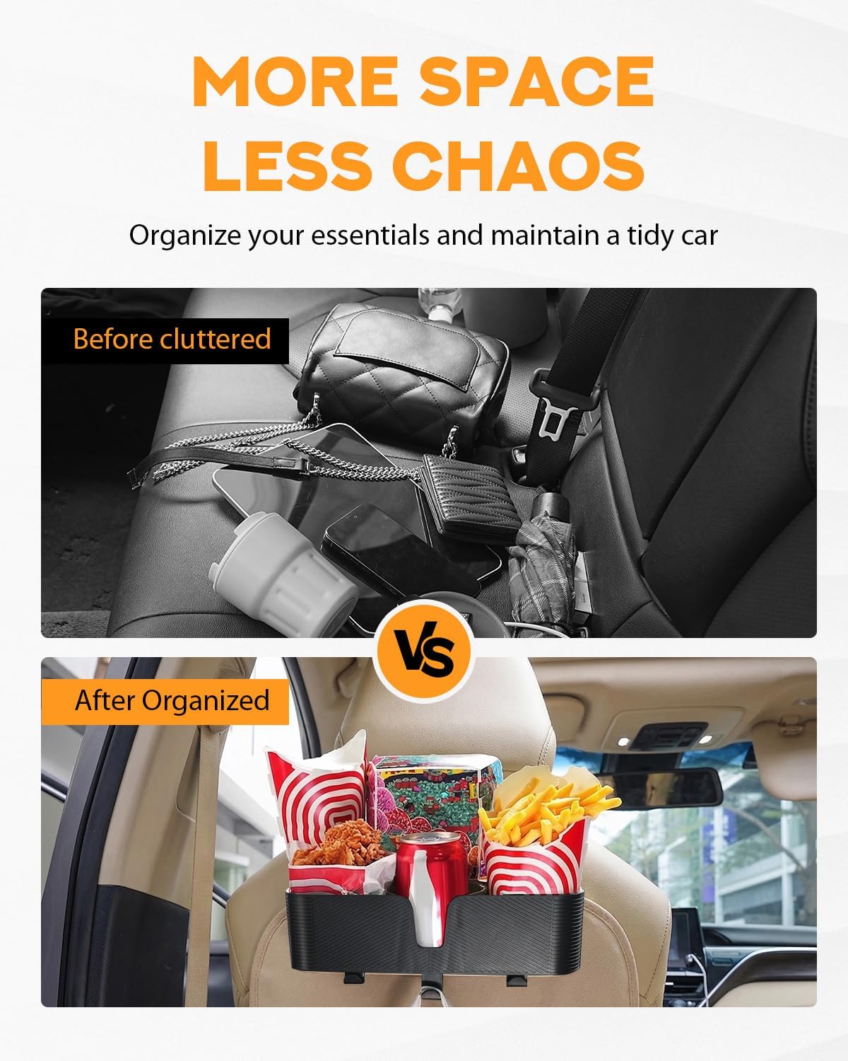 PBYMT 3 in 1 Car Headrest Backseat Organizer with 3.7" Cup Holder & Hooks, Seat Back Organizer Storage for Travel Accessories, Perfect for Kids, Road Trips, SUV, Truck - 2PCS