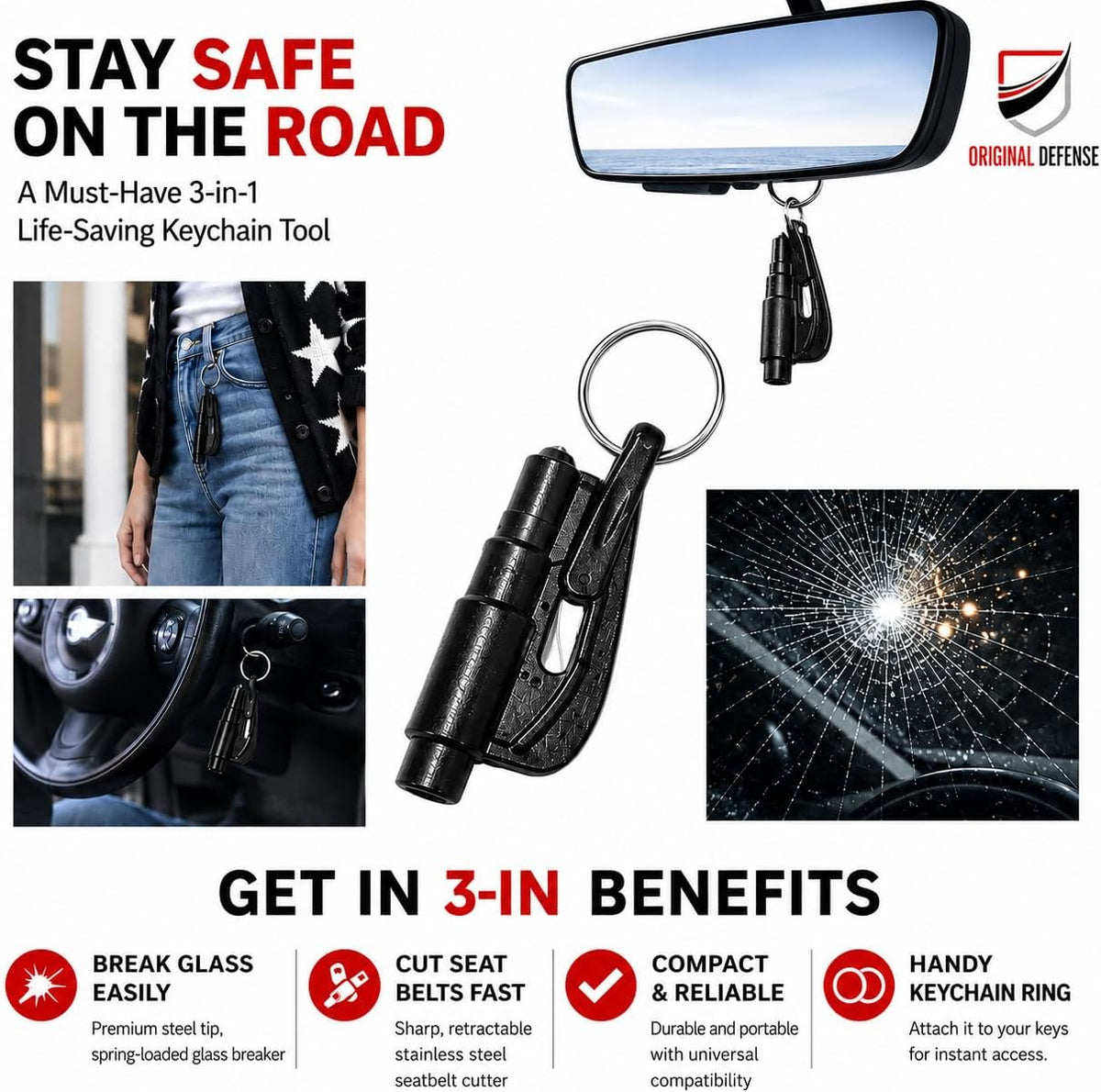 Original Defense® EscapeMate 2-in-1 Car Escape Tool Keychain – Custom Engraved Window Glass Breaker & Seatbelt Cutter – Spring-Loaded Emergency Escape Tool with Stainless Steel Blade – Car Safety Tool