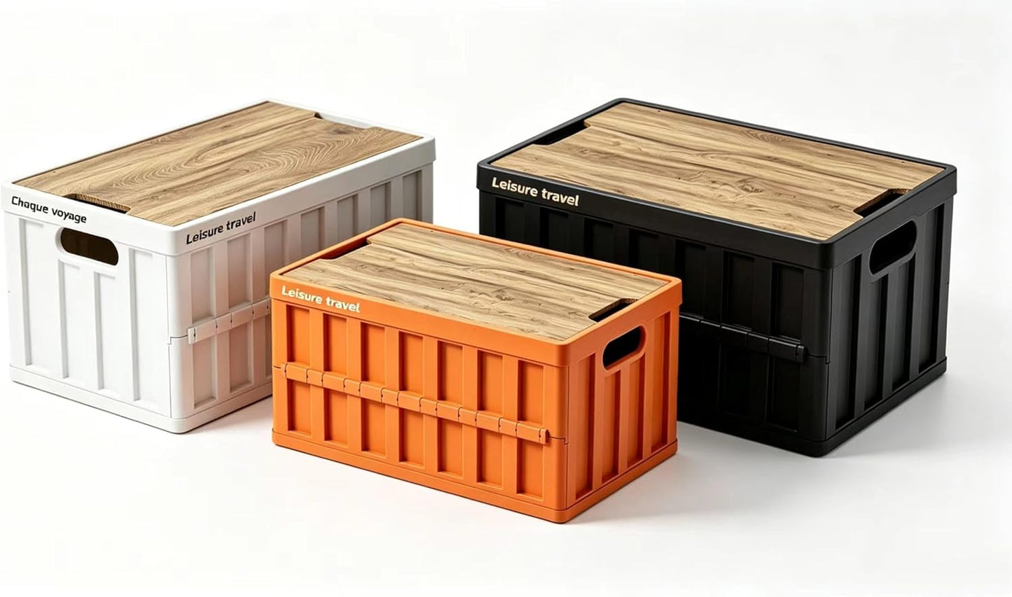 3 Pack 50L Mix Color Random Collapsible Storage Crate with Wooden Lid, Stackable Foldable Bin with Handles