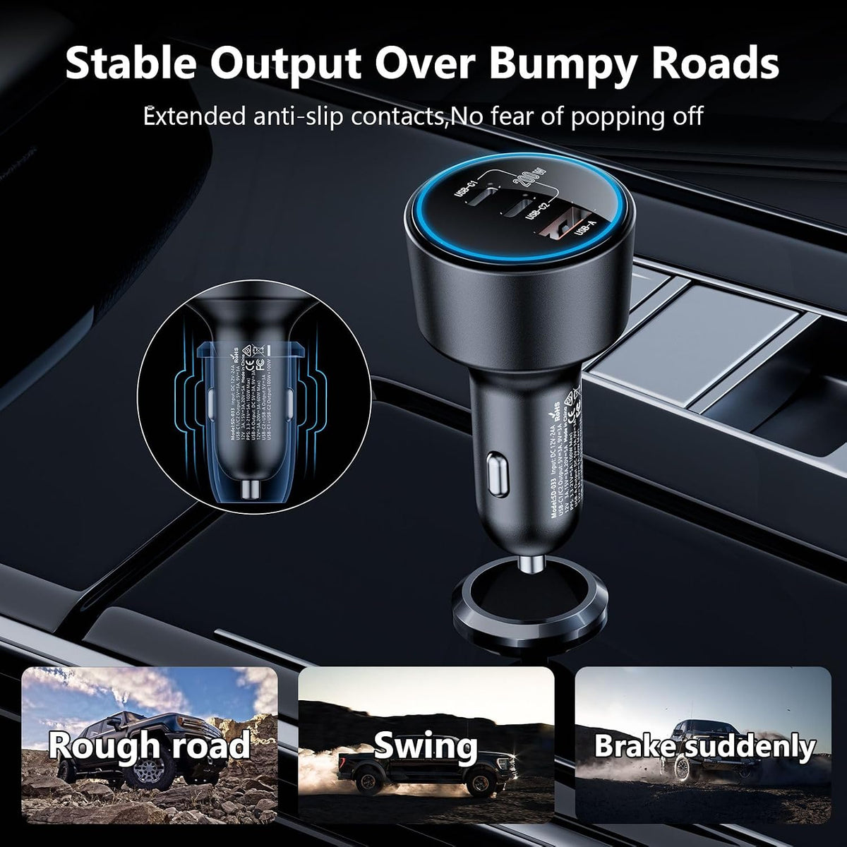 USB C Car Charger Fast Charging 200W, Dual PD 100W Type C Car Charger，