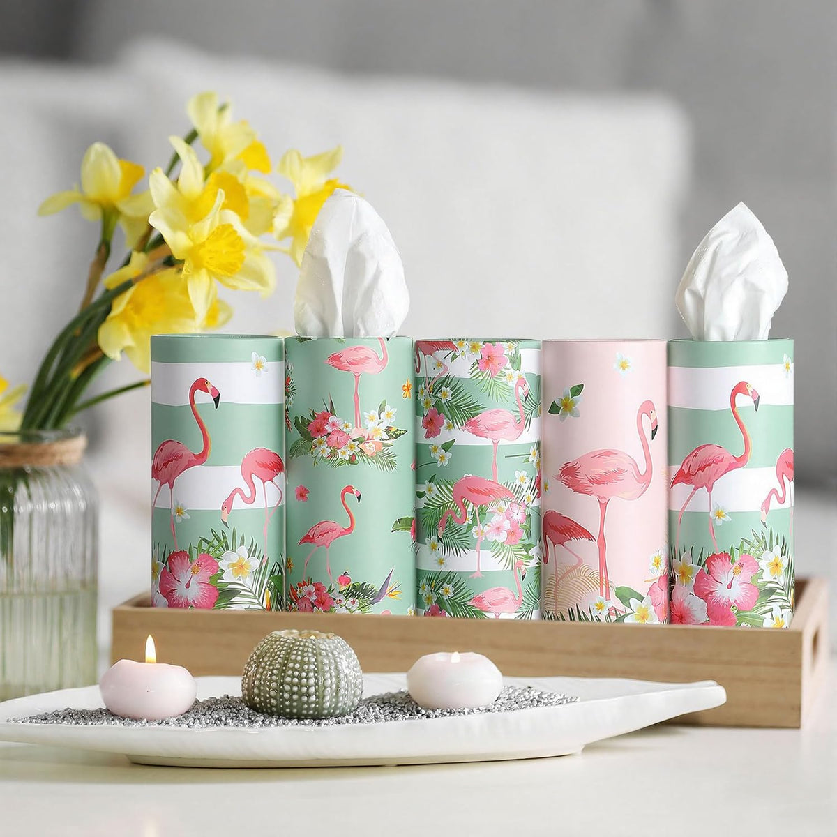 Fourluoo 12 Pack Flamingo Tissue Cylinder Holder Bulk with 3 Ply Facial Tissues Flower Flamingo Round Napkin Holders Cylinder Colorful Travel Paper Tubes Bulk Napkin for Summer Travel Bathroom Decor