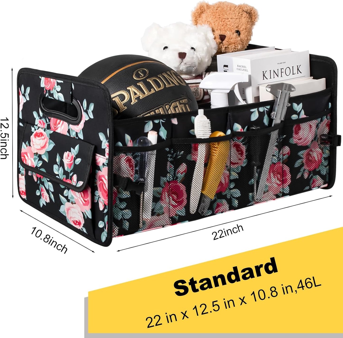 Car Trunk Organizer, Collapsible Car Organizers and Storage Black Floral | Sturdy, Large Capacity, Clean Decor, Multi Compartment Container Box, Adjustable Car Accessories for SUV Sedan Truck
