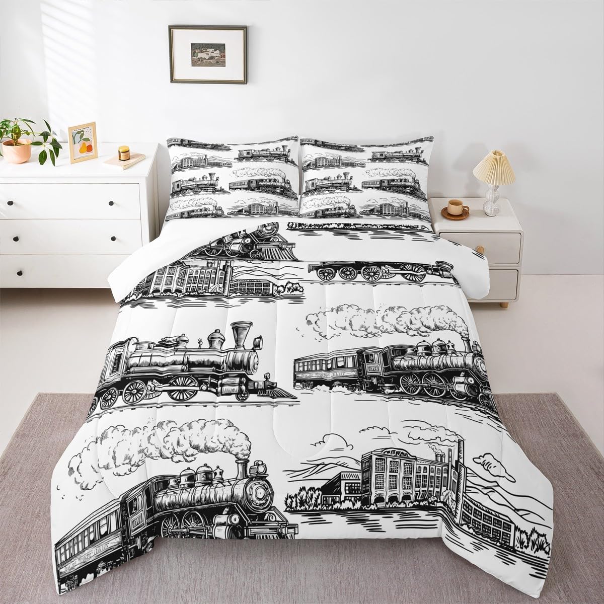 Manfei Train Comforter Set Queen Size, Retro Steam Locomotive Train Down Comforter with 2 Pillowcases, Vintage Train Bedding Set 3pcs for Kids Boys Adults Bedroom Decor Lightweight Duvet Insert