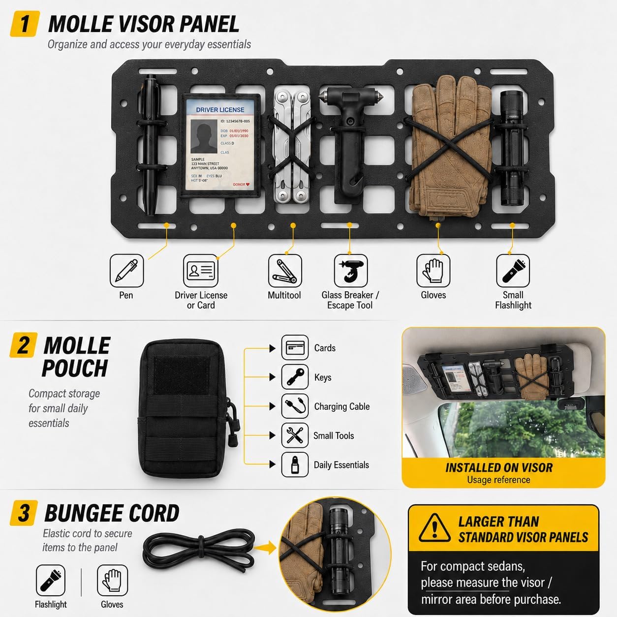 Visor MOLLE Organizer Panel for Car Sun Visor – Rigid ABS Storage Panel with Adjustable Straps – Vehicle Gear Organizer for Truck SUV (1 Pack)
