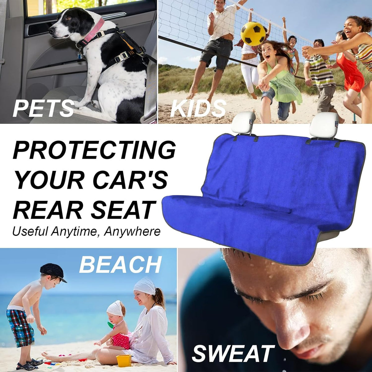 Sweat Towel Car Seat Cover Protector Front Seats for Gym Workout, Running, Swimming, Beach and Hiking, Waterproof Universal Seat Cover for Car, Trucks, Van & SUV (1, Blue, Rear Seat)