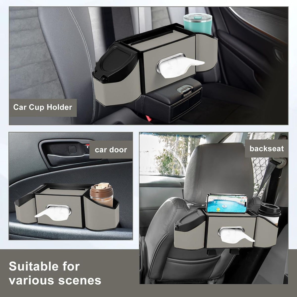 7-In-1 Car Seat Back Organizer with Cup Holders, Tissue Box, Garbage Can&Hooks, Multifunctional Headrest Storage Organizer, Headrest Cup Holder for Backseat, Car Accessories for Trips, Travels(Gray)