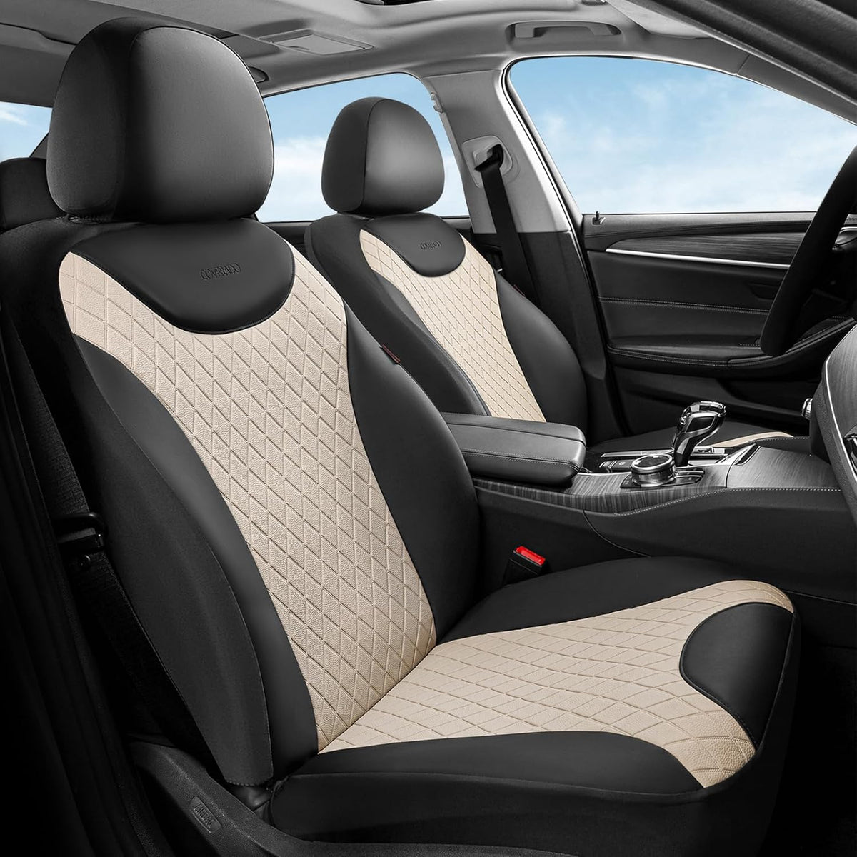 Coverado Front and Back Seat Covers, 5-Pack Universal Seat Covers for Cars, Leather & Fabric Splicing Design Car Seat Protectors, Waterproof Seat Cushions Universal for Most Vehicles, Black & Beige