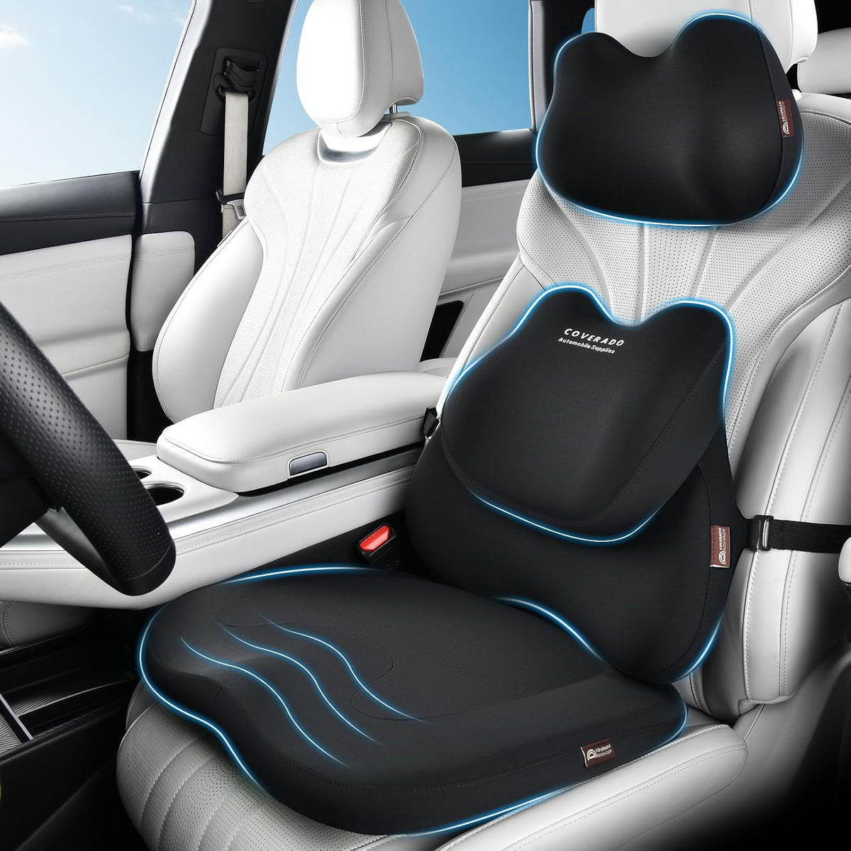 Coverado Car Seat Cushion and Lumbar Support Pillow with Headrest, Memory Foam Cooling Silk Ergonomic Cushion for Driving Back Neck Pain Relief Universal Fit Black