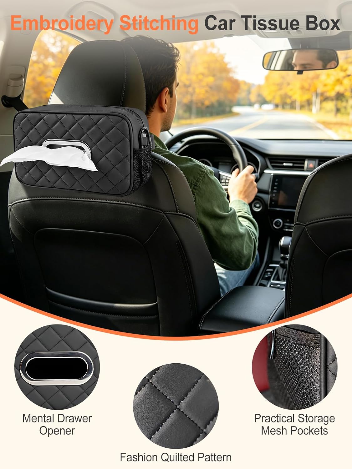 Multi-functional Car Tissue Holder with ‌2 Tuck Nets, Tissue Box Cover