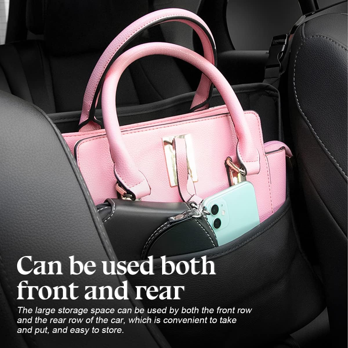 XINLIYA Car Handbag Holder Between Seats, PU Leather Multi-Pocket Large Capacity Purse Holder, Auto Net Bag Barrier of Backseat Pet Kids, Car Seat Organizers and Storage for Cargo Tissue Cup（Black）