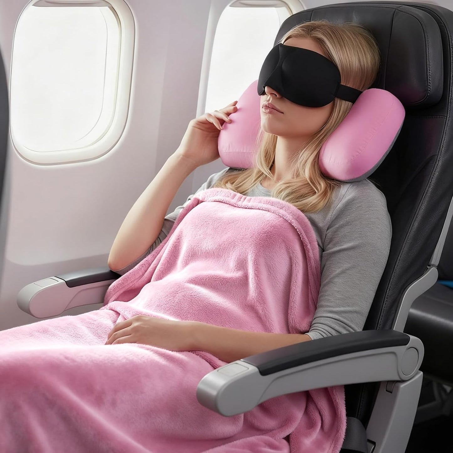 urnexttour 4-in-1 Travel Pillow & Blanket Set with Eye Mask, Memory Foam Neck Support, 50x65 Inch Blanket, Storage Bag for Airplane, Car, Train, Home Travel Pink