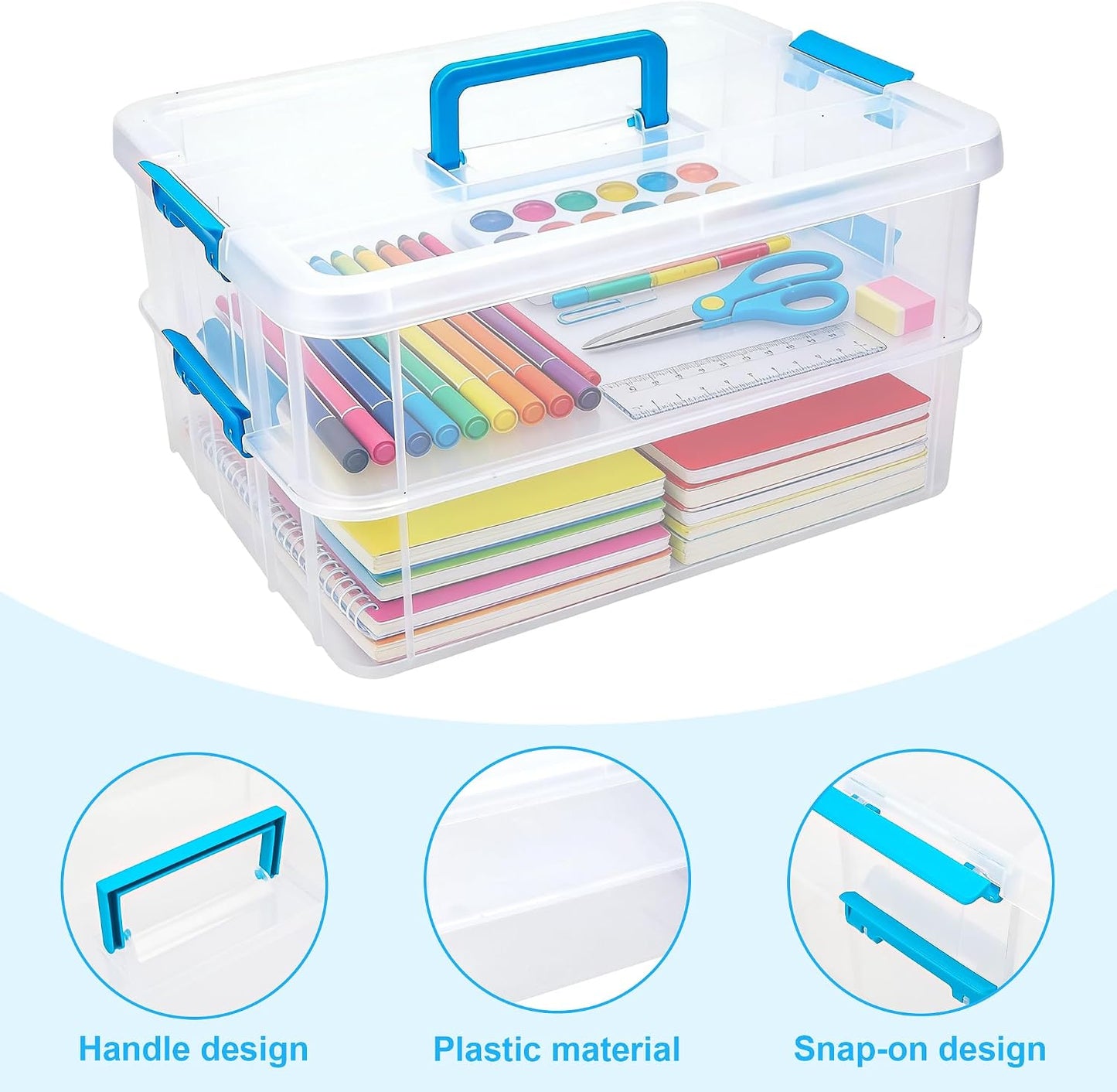 2 Tier 13" Blue Plastic Storage Box Lid Handle Craft Office Car Organizer | Stackable Multipurpose Container Box Organizer With Latching For Office, Art Craft,Sewing, Books And Car Trunk Storage,Blue