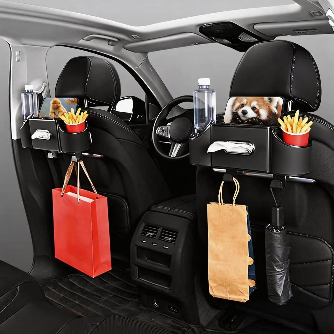 Back Seat Car Organizer,4 in 1 Multifunctional Car Back Seat Storage Box with Drink Cup Holder Tissue Box, for Hold Phone,Snacks, Drinks, Handbag-Black