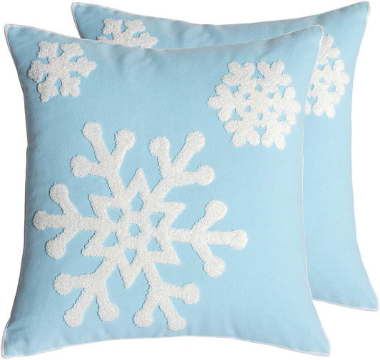 18x18,Cotton Christmas Blessing Throw Pillow Cover for Bed Sofa Cushion Car Snowflake Embroideried Pillowcases,1pair Blue