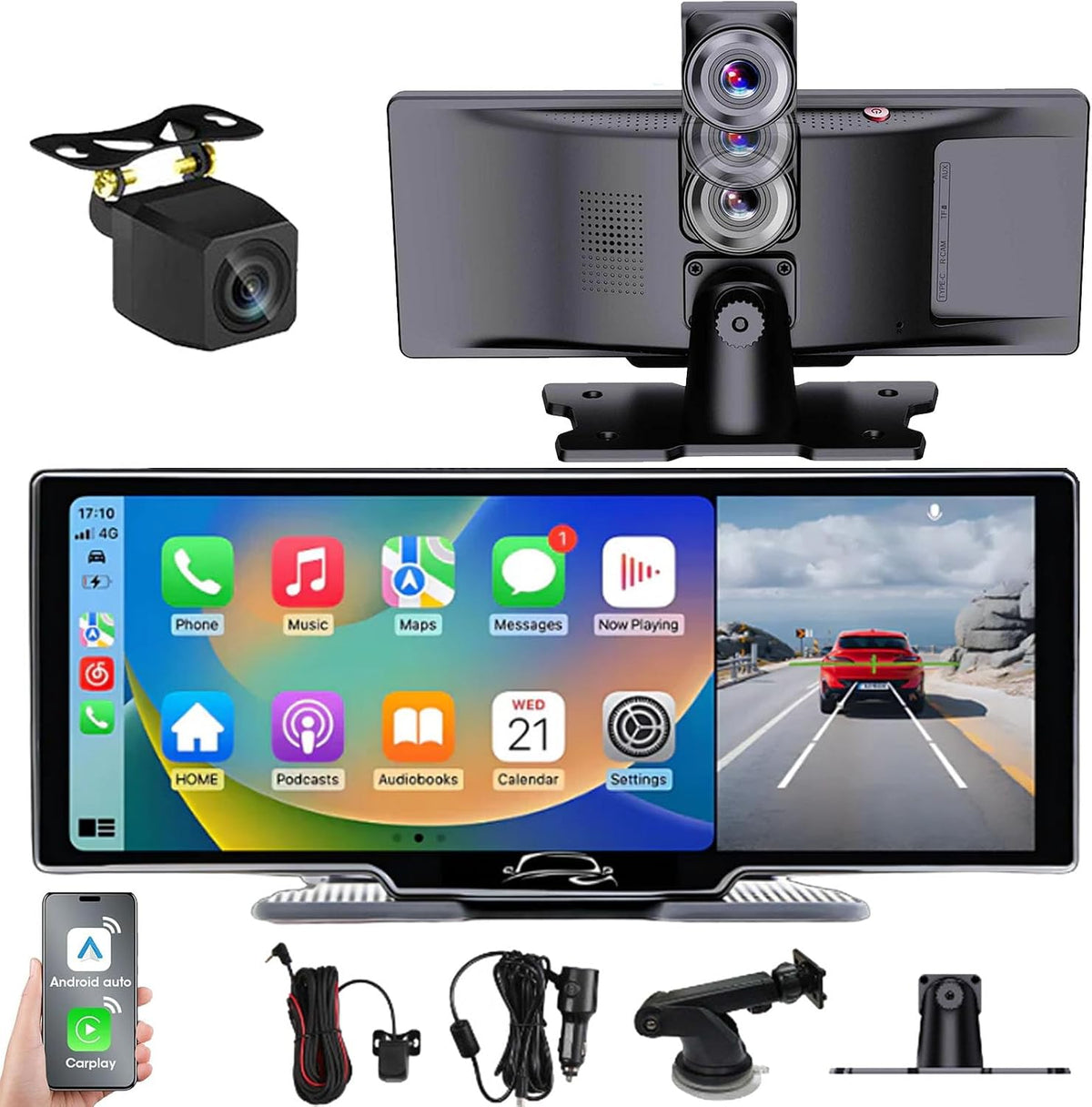 Flexscreen Pro Carplay, Flexscreen Pro (2025 Model), 10.26" HD Portable Carplay & Android Auto Screen, 4K Dash Cam Front and Rear with Voice Control, Mirror Link, Bluetooth, GPS Navigation, AUX/FM