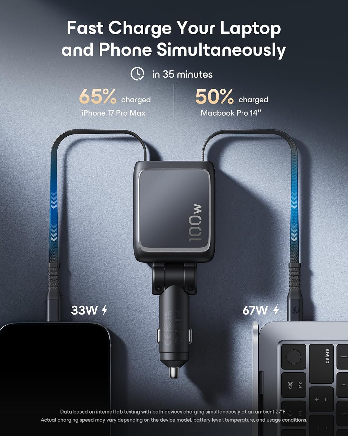 ESR Xtend 100W Retractable Car Charger USB-C & USB-A, Fast Charge, 3-in-1