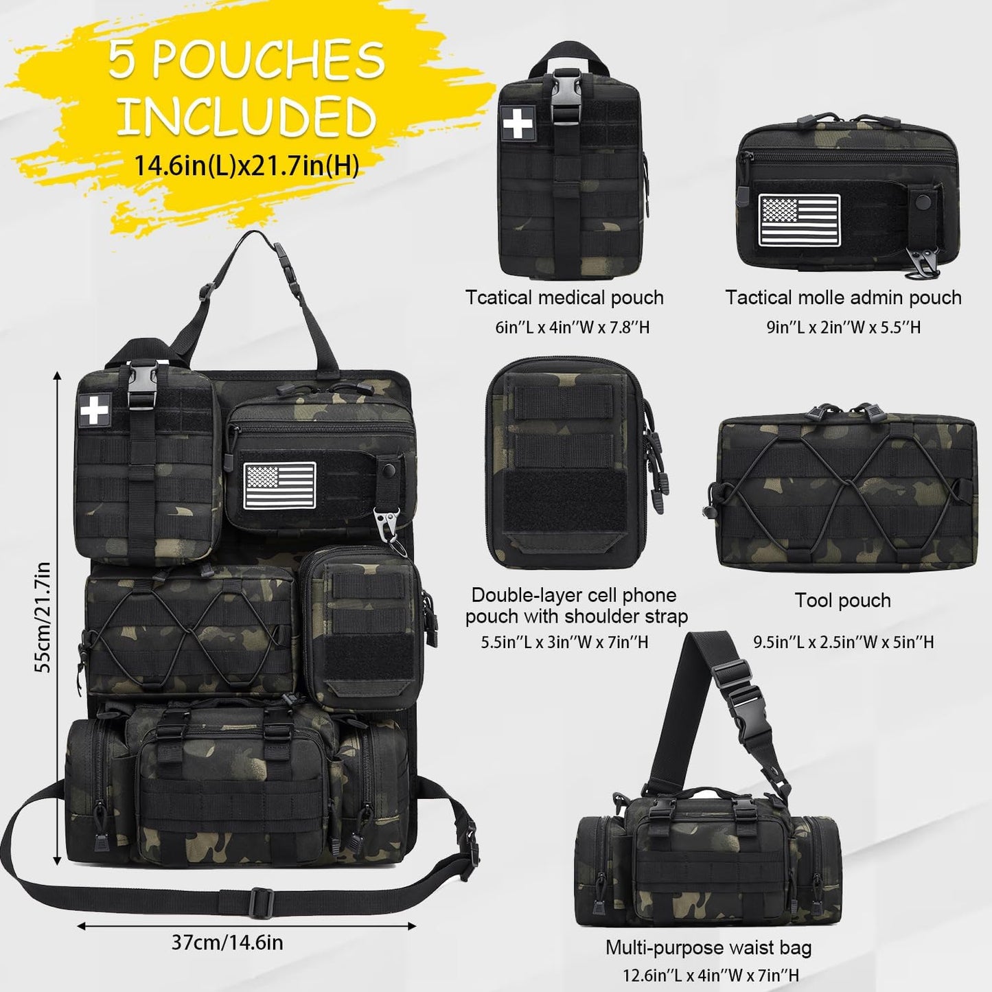 Tactical Car Seat Back Organizer, 2025 Upgrade Tactical Vehicle Panel Organizer with 5 Detachable Molle Pouch for Car Truck Ford Jeep Vehicle (Dark CM)