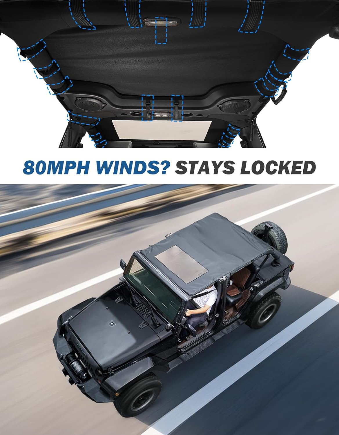 JOYTUTUS Waterproof Sun Shade Top for Wrangler JK 4-Door (2007-2018) – All-Weather Protection, UV Block, Rainproof & Noise Reducing Soft Top Cover