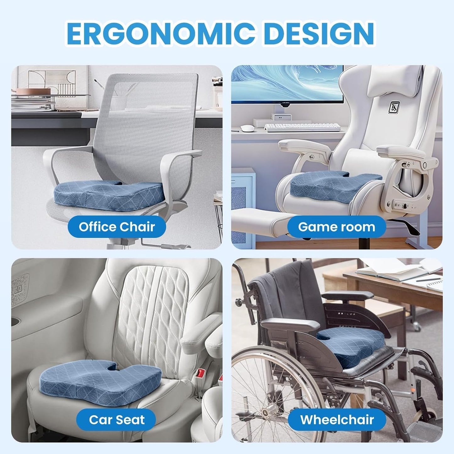 TushGuard Office/Car Seat Cushion, Non-Slip Sciatica & Back Coccyx Tailbone Pain Relief Chair Pad, Memory Foam Butt Pillow for Computer Desk, Wheelchair, Driving (Light Blue)