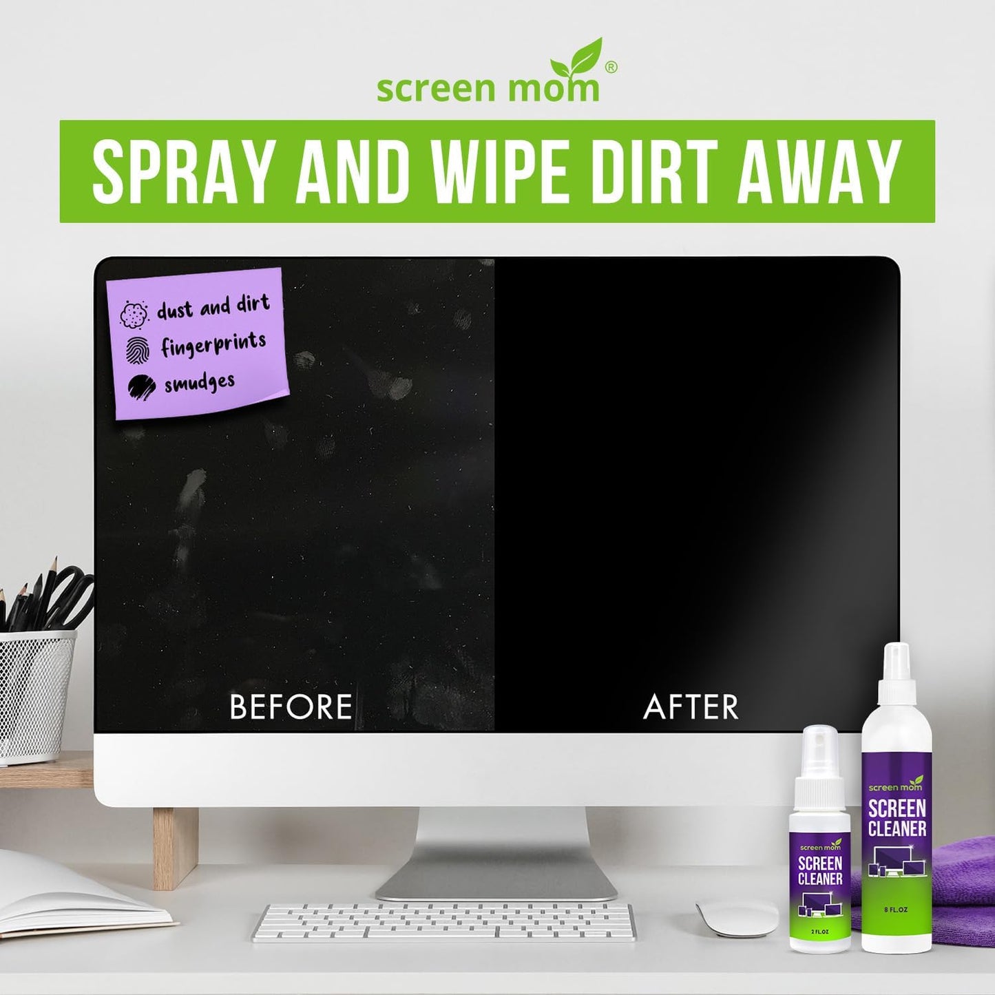 Screen Mom Screen Cleaner Spray 8oz & 2oz for TV, Car, Laptop and Computer | Streak-Free Formula, Alcohol & Ammonia Free, 4 Microfiber Cloths, Cleans TVs Phones Tablets Glass OLED, Residue-Free Cleaning