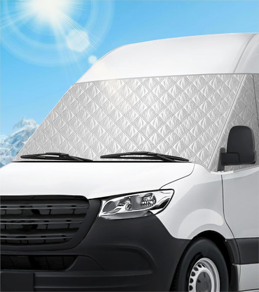 Windshield Cover for Mercedes Sprinter Van 2007-2026, Class C Windshield Snow Cover, Front Window Sunshade for UV Protection & Privacy Shield, White with Mirror Cutouts