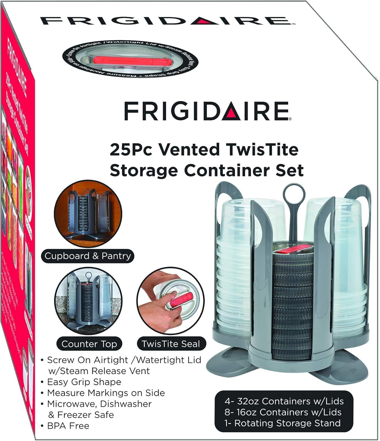 Twist Tight 25-Piece Set Airtight/Watertight/Vented Steam Release Lids/Plastic Food Storage Containers And Rotating Carry Storage Food Container Organizer Rack System