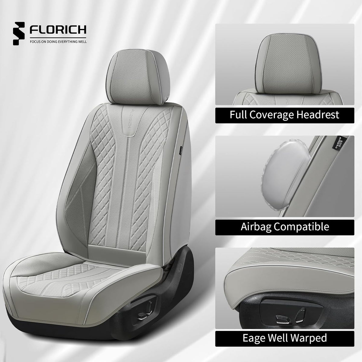 FLORICH Seat Covers, Car Seat Covers Front Seats Faux Leather Automotive Seat Covers Luxury Waterproof Car Seat Cover Protectors Universal Fit for Most Cars SUV Trucks, Gray