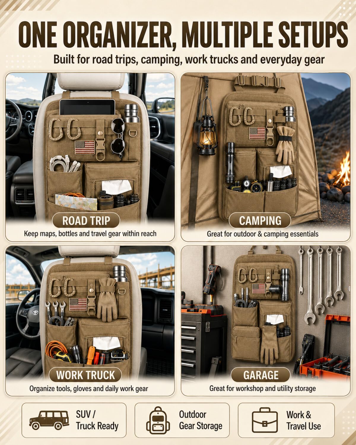 Tactical MOLLE Car Seat Back Organizer, Heavy Duty Backseat Storage Kit