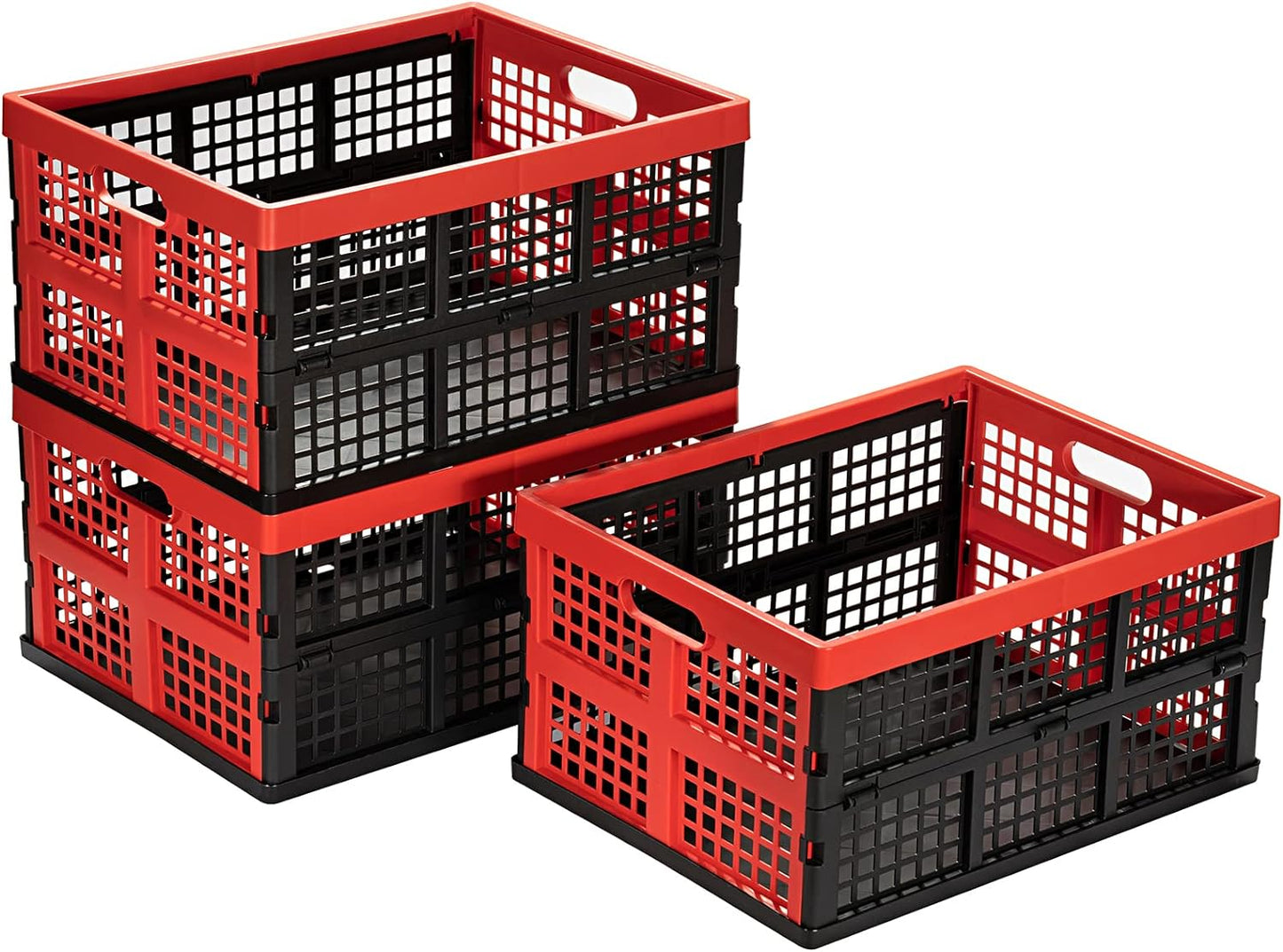 Eslite 34L Large Plastic Folding Storage Crates,Collapsible Crates for Storage,Pack of 3 (Black+Red)