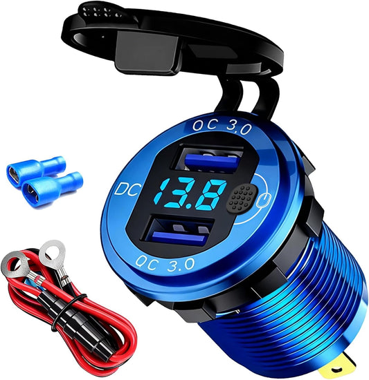 12V Flush Mount Car Charger, Aluminum Metal Body with LED Voltmeter and Switch, Dual QC3.0 USB Port for Marine, RV, Motorcycle & Panel Mounting (Blue)