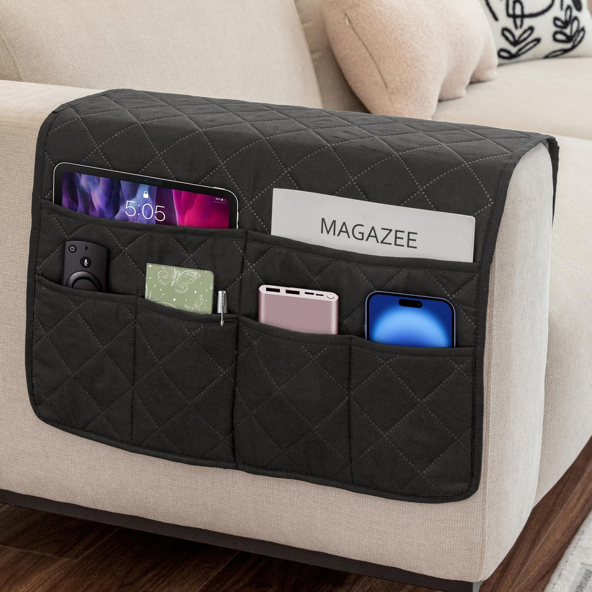 Remote Control Holder for Recliner Armchair Caddy Couch Armrest Organizer, Non-Slip Arm Chair Bedside Caddy Storage Organizer for Recliner Couch With 6 Pockets for Magazine, Phone, iPad (Black)