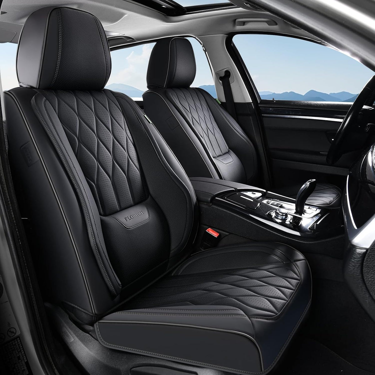 FLORICH Seat Covers Front Seats Leather Car Seat Cover Waterproof Automotive Seat Covers with Lumbar Support Full Coverage Car Seat Cushion Protector Universal Fit for Most Cars Trucks SUV, Black