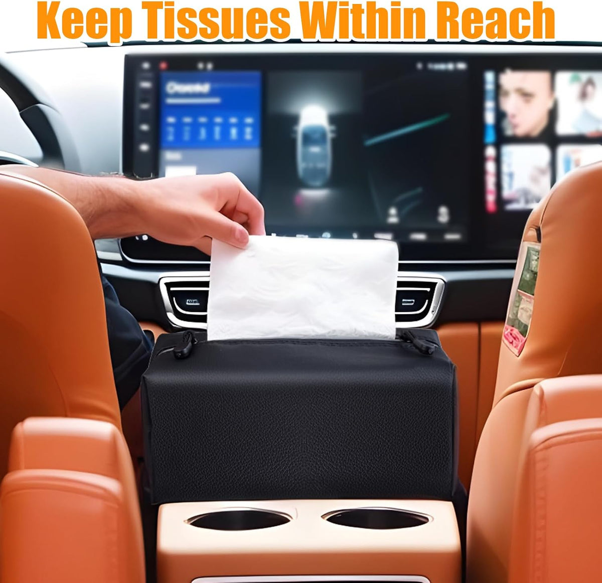 Car Tissue Holder for 120-160-230 Count Kleenex Facial Tissues Box - Waterproof Zipper Cover, Soft Black Leather with Adjustable Strap, Ideal for Car Seat Headrest, Console, Boat, Home (Uplien)