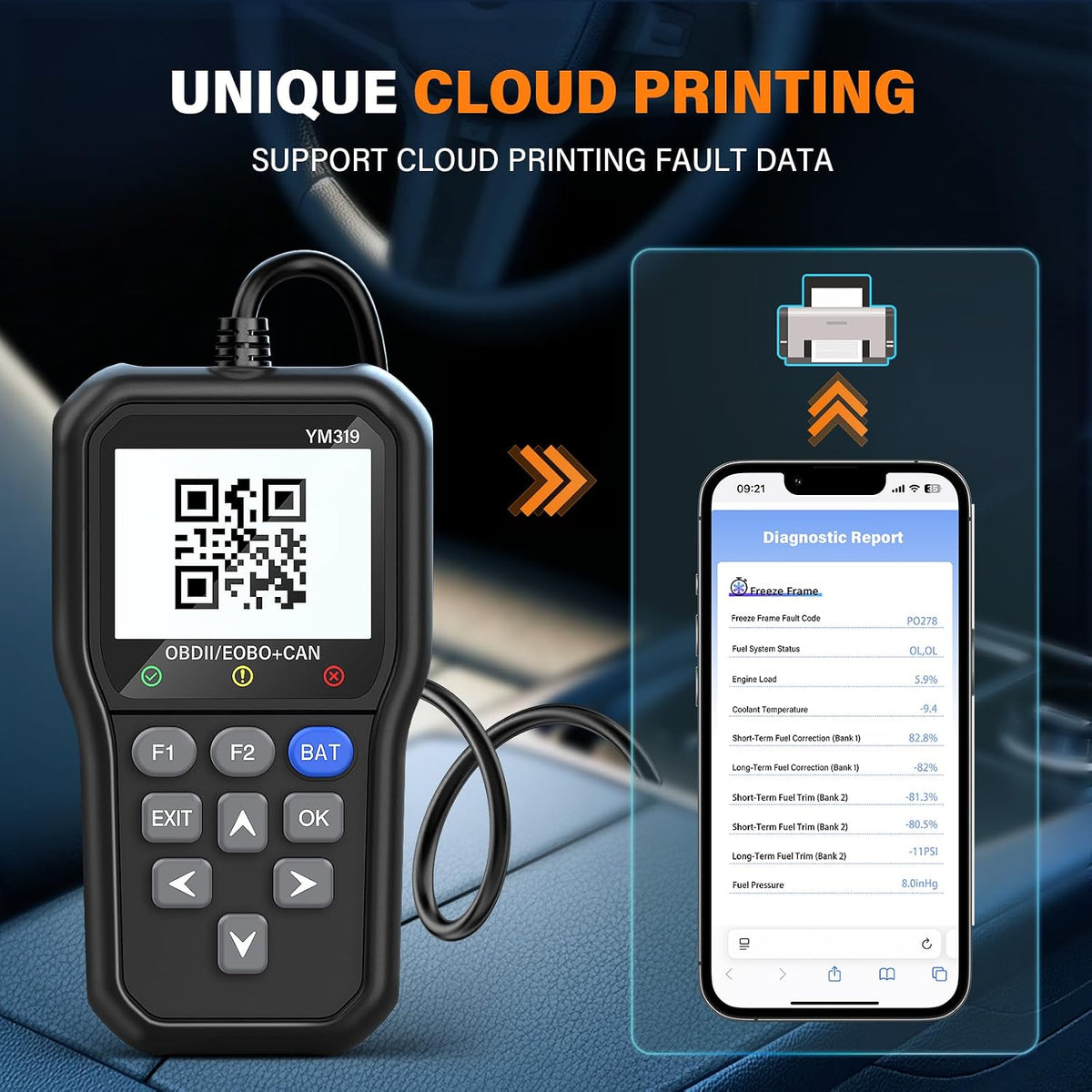 BluSon YM319 OBD2 Scanner Diagnostic Tool with Battery Tester, Scan Tool