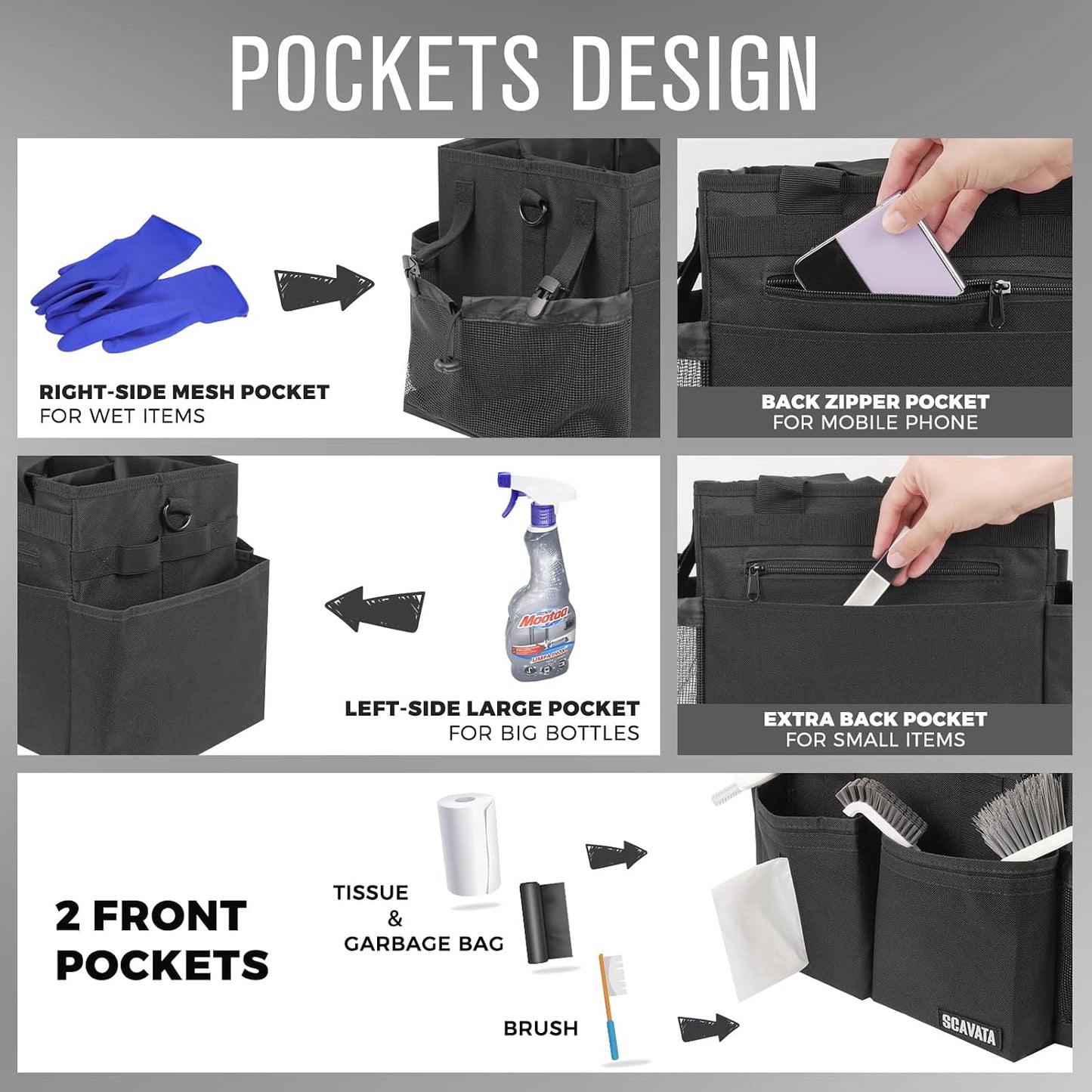 SCAVATA Compact Wearable Cleaning Caddy, Small Supplies Organizer with Handle & Shoulder Straps for Housekeepers, Under Sink & Car Cleaning Tool Organizer Bag (Black)