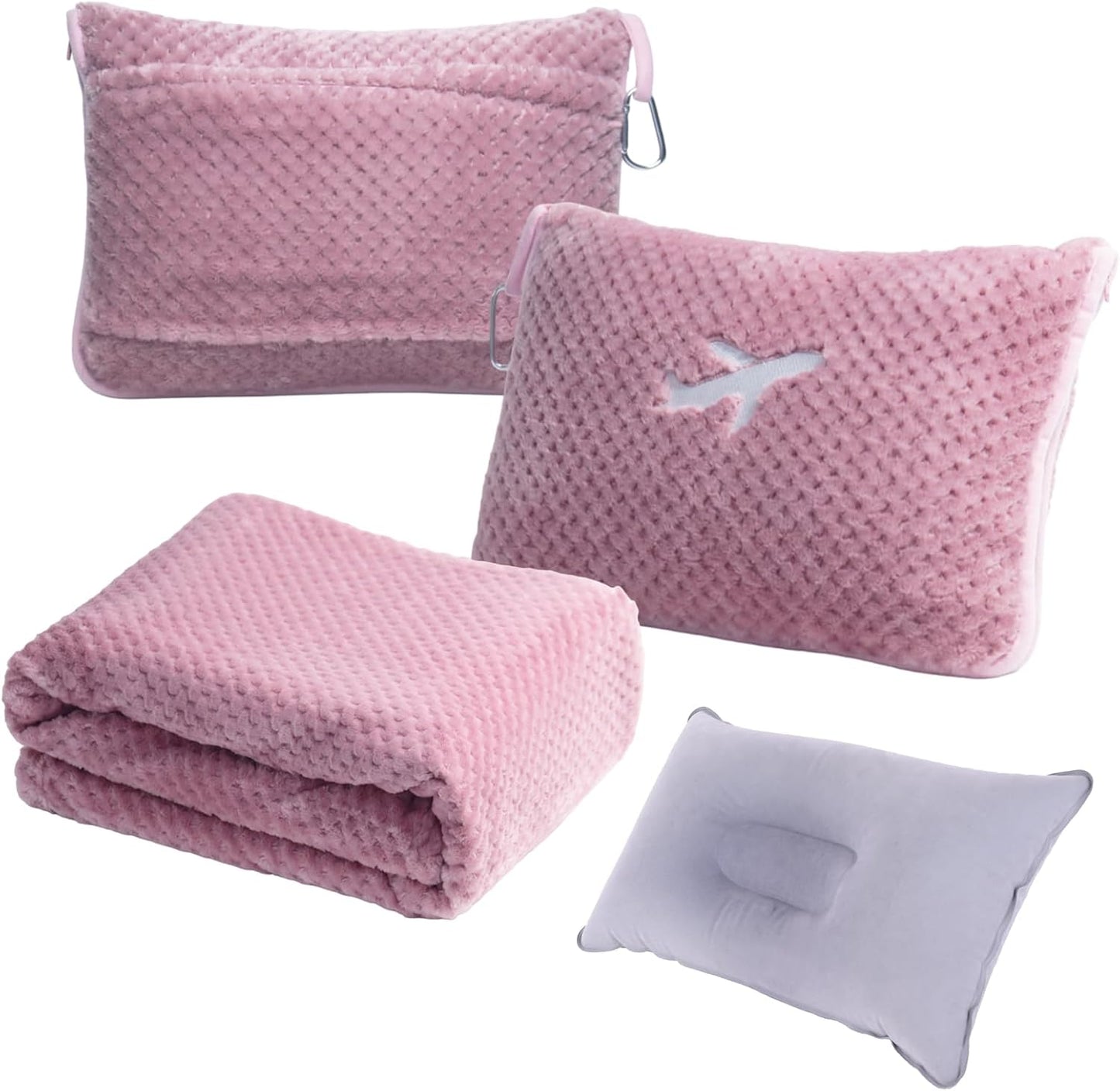 3 in 1 Travel Blanket Pillow Set - 350 GSM Thick Travel Blanket Airplane Compact with Bag, Soft Bag with a Pocket, Inflatable Travel Pillow for Camping & Car Trip (Light Coffee)