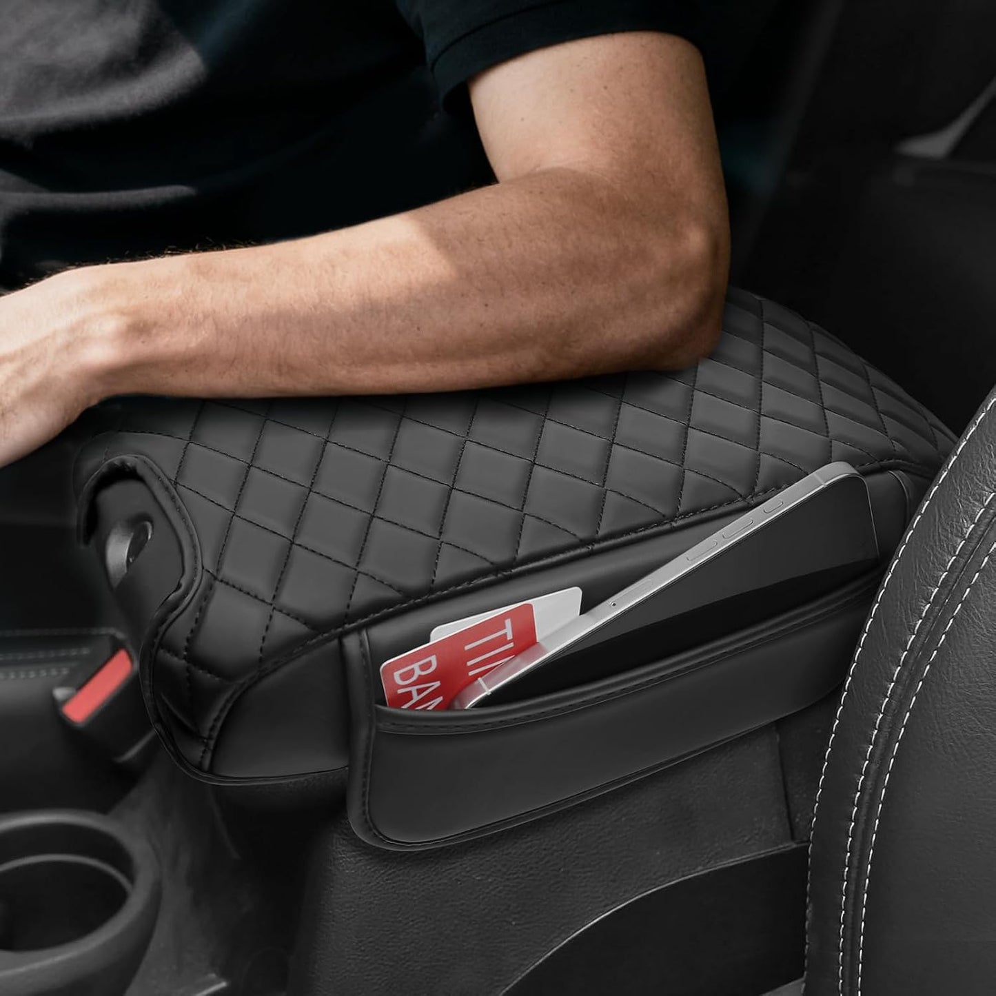 Center Console Armrest Cover Compatible with 2011-2017 Jeep Wrangler JK Accessories Black Leather Arm Rest Lid Protector with Storage Pockets