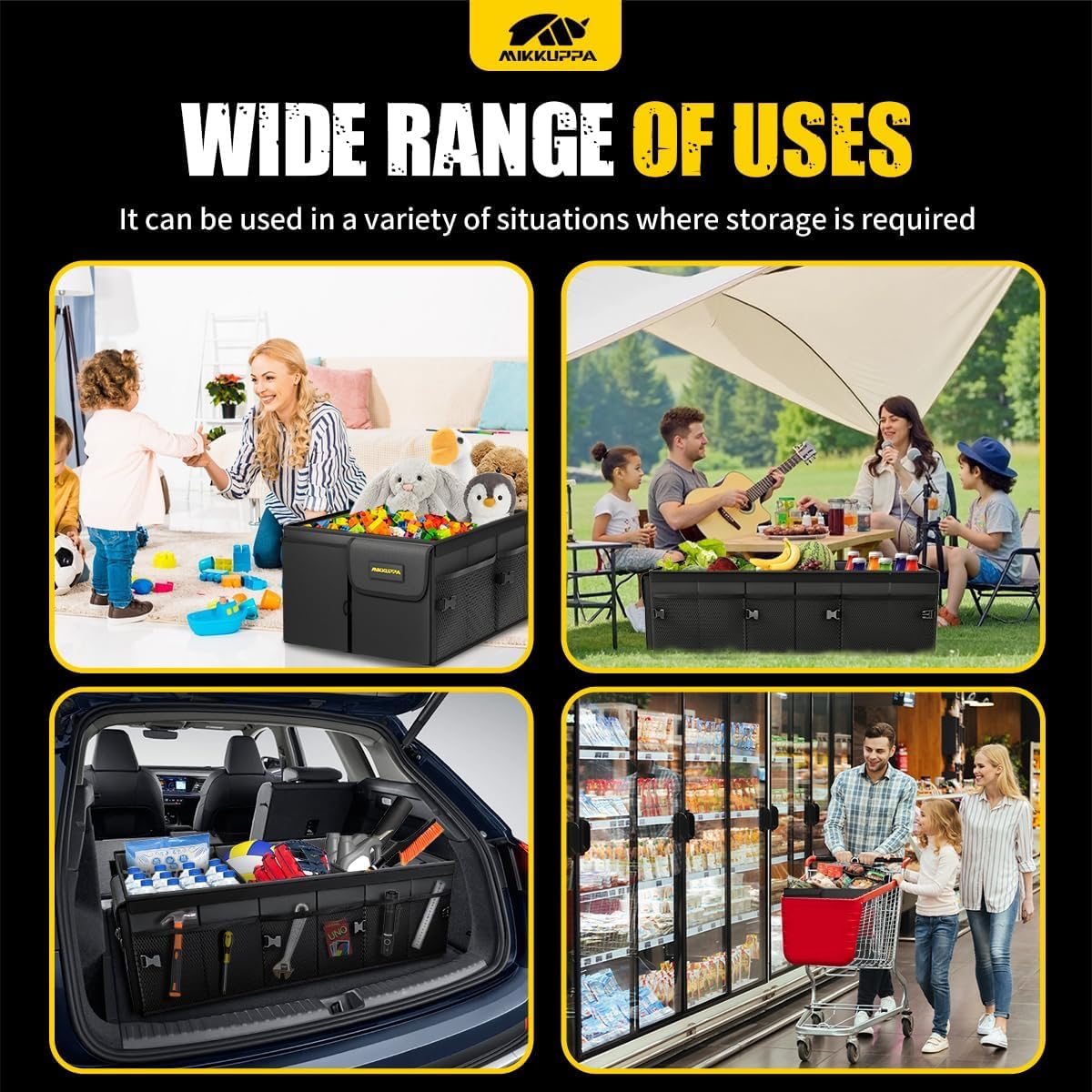 MIKKUPPA Car Trunk Organizer - 95L Collapsible Trunk Organizer with Lid, Sturdy Car Storage for SUV Auto Truck Van with Adjustable Straps and Non Slip Bottom (Black, XX-Large)