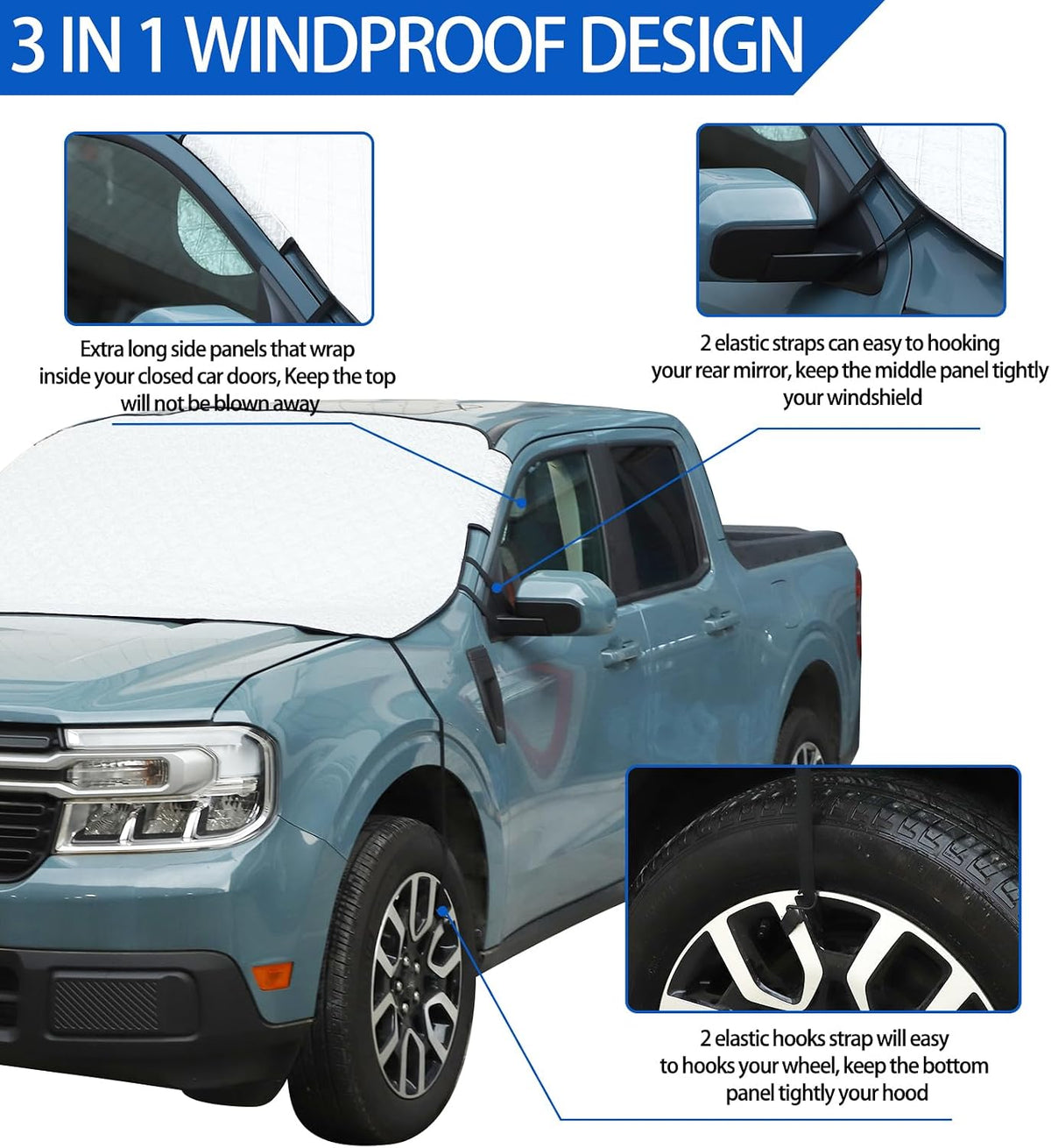 Windshield Snow Cover Fit for Ford Ranger Maverick 2022-2026, Front Windshield Cover for Ice and Snow, Auto Extra Thick Windshield Ice Cover Protects Windshield from Rain, Sun, Frost (Silver)