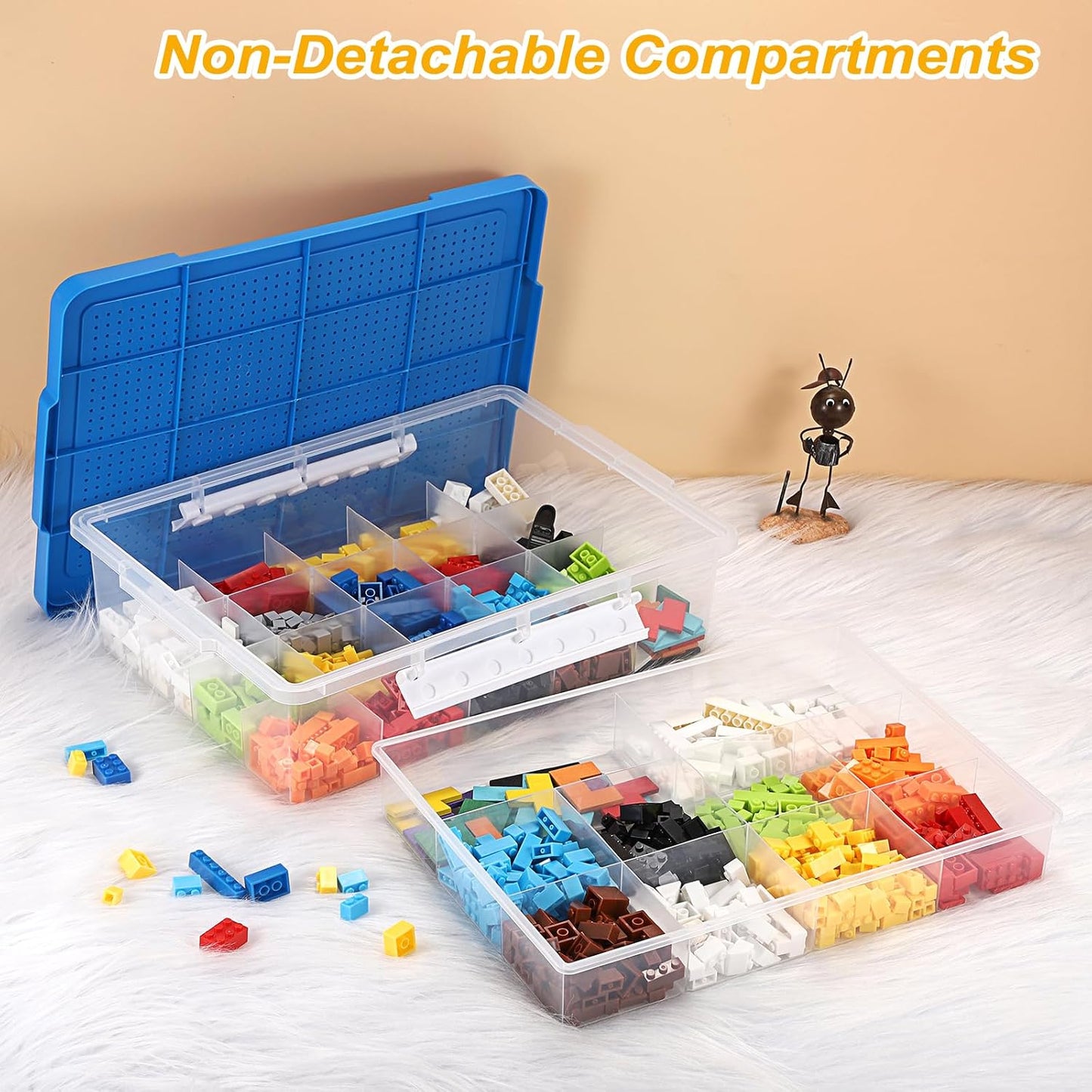 Plastic Organizer Bins for Blocks, Blocks Storage Container with Baseplate Lid Removable Tray, Stackable Double Layer 30 Slots Clear Storage Box Organizer for Bricks, Crafts, Beads(Blue)