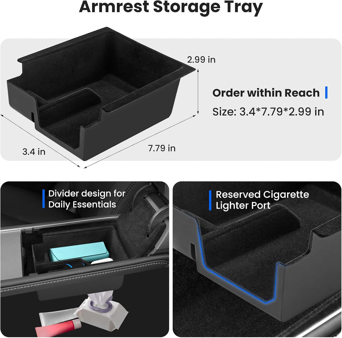 4Pcs Center Console Organizer Tray for Tesla Model 3 2021-2023 and Model Y 2021-2024 Interior Accessories, Armrest Hidden Storage Box for Model 3 21 22 23, Cup Holder Insert for Model Y 21 22 23 24