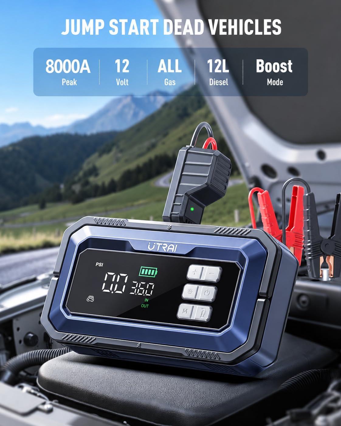 UTRAI 12V 8000A Portable Jump Starter with Air Compressor, 150PSI Inflator