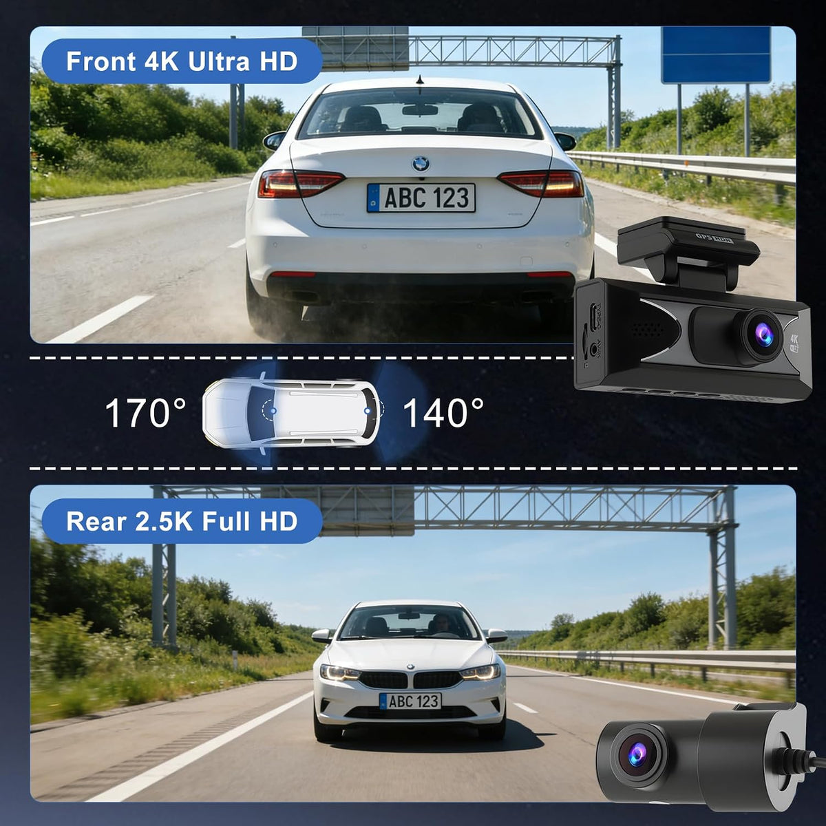 4K Dash Cam Front & Rear, WiFi Night Vision, Dual Channel, 24H, 64GB