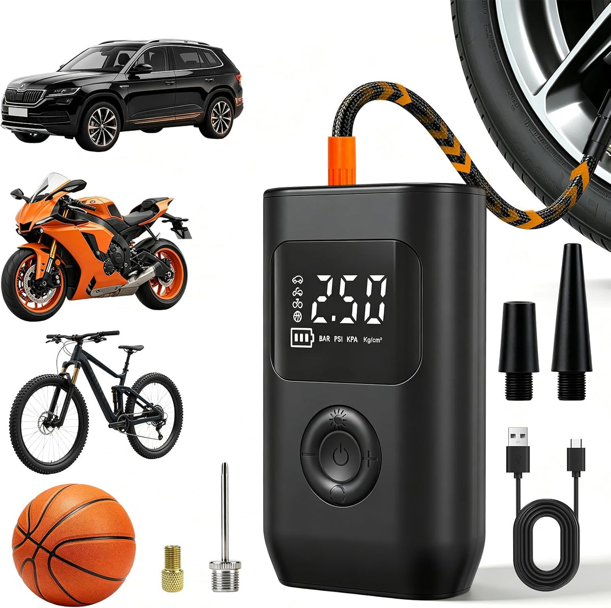 Tire Inflator Portable, 25L/min Fast Inflation & Digital Pressure Gauge