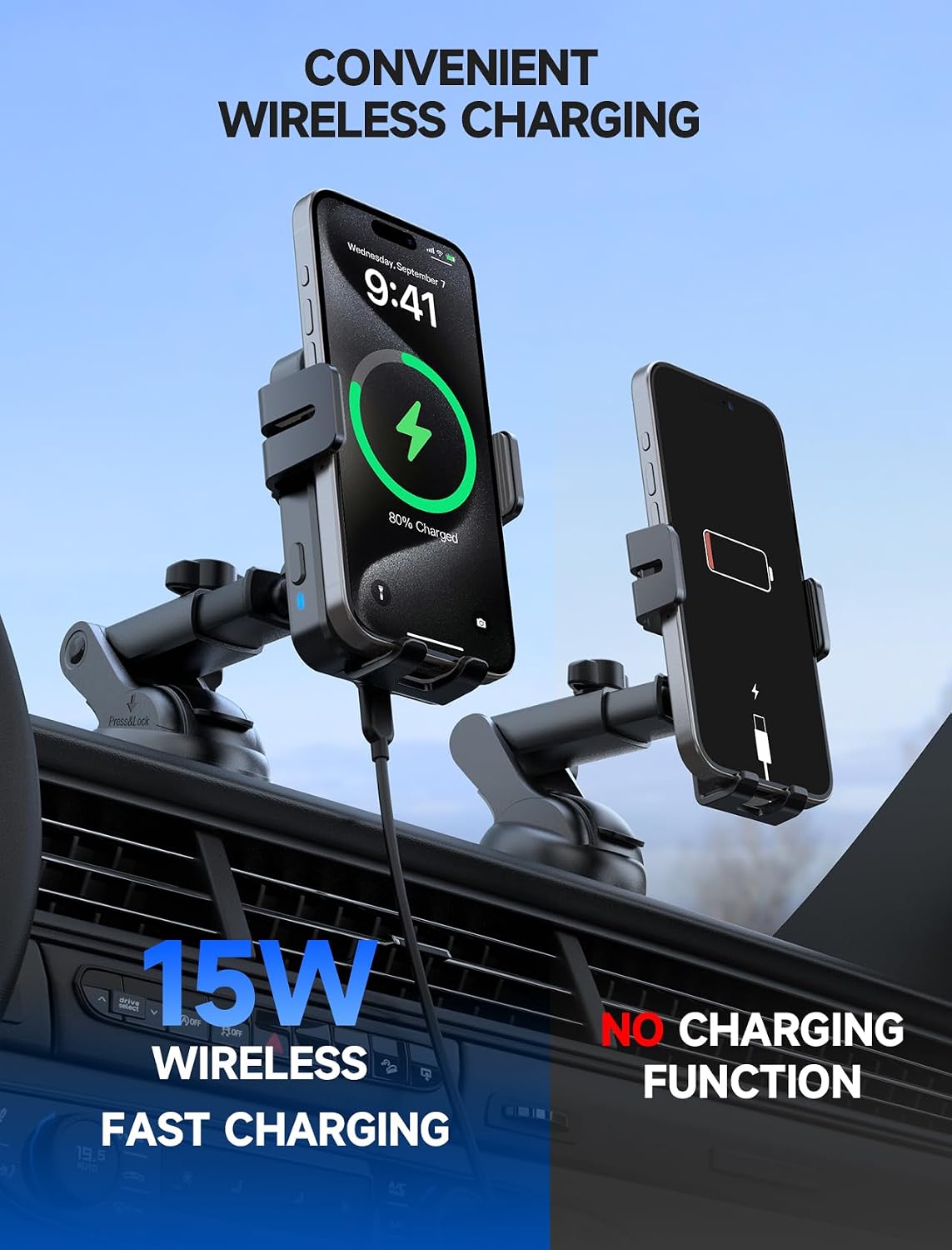 Wireless Car Charger 15W Auto Clamping Phone Holder Dash Windshield Vent