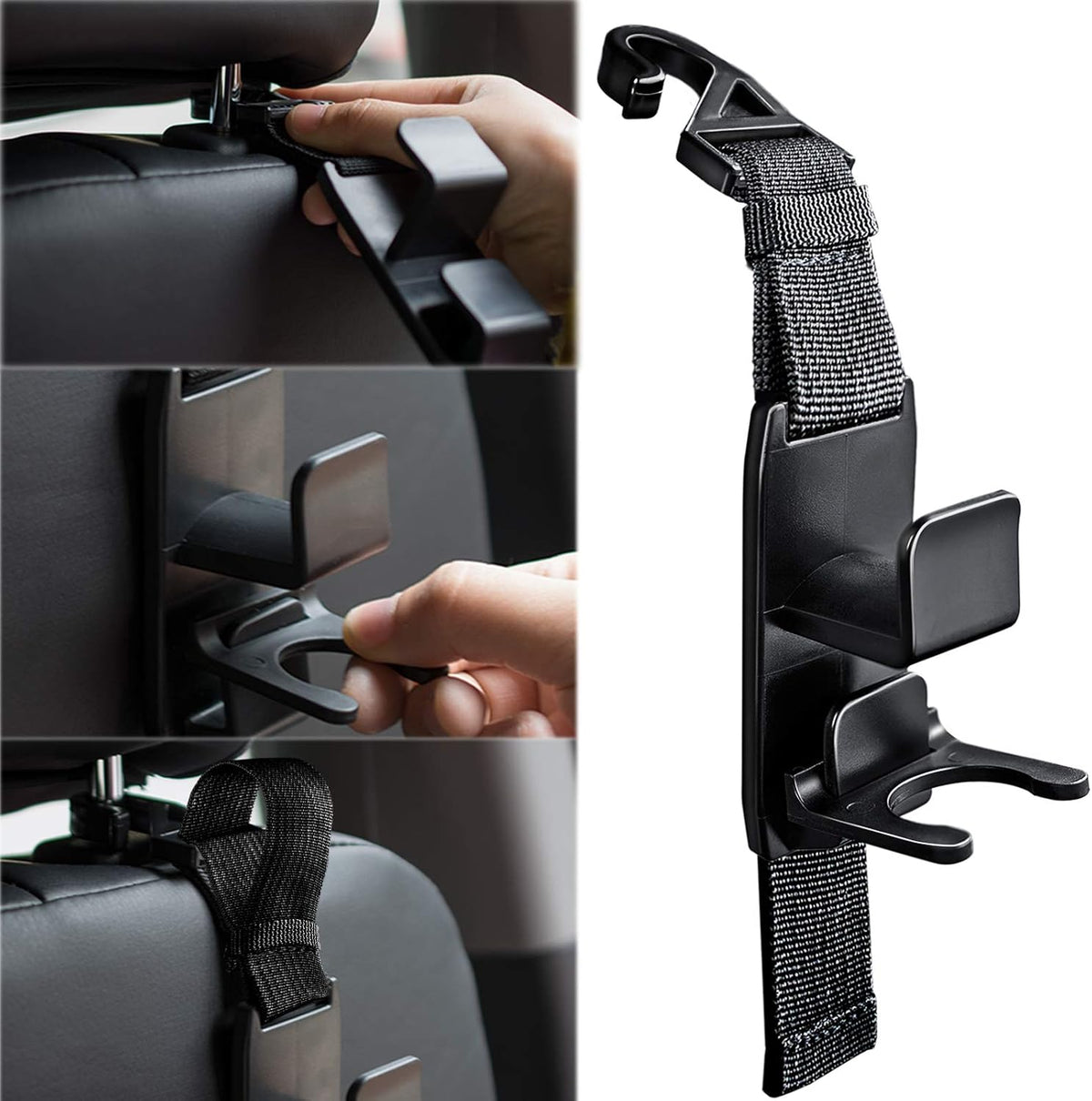 matteblack Magic Hanger Headrest Holder Organizer, Behind Over The Seat Car Hooks-Hang Purse Grocery Bags-4Pack (Frosted Black)
