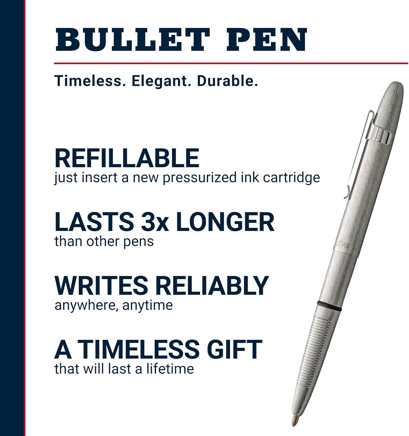 Fisher Space Pen Brushed Chrome Bullet Pen, Pressurized Ballpoint Pen, Compact Size, Writes Upside Down, Extreme Temperatures, Smooth Black Ink, Medium Point, Pocket Clip, Gift Box, Made in USA