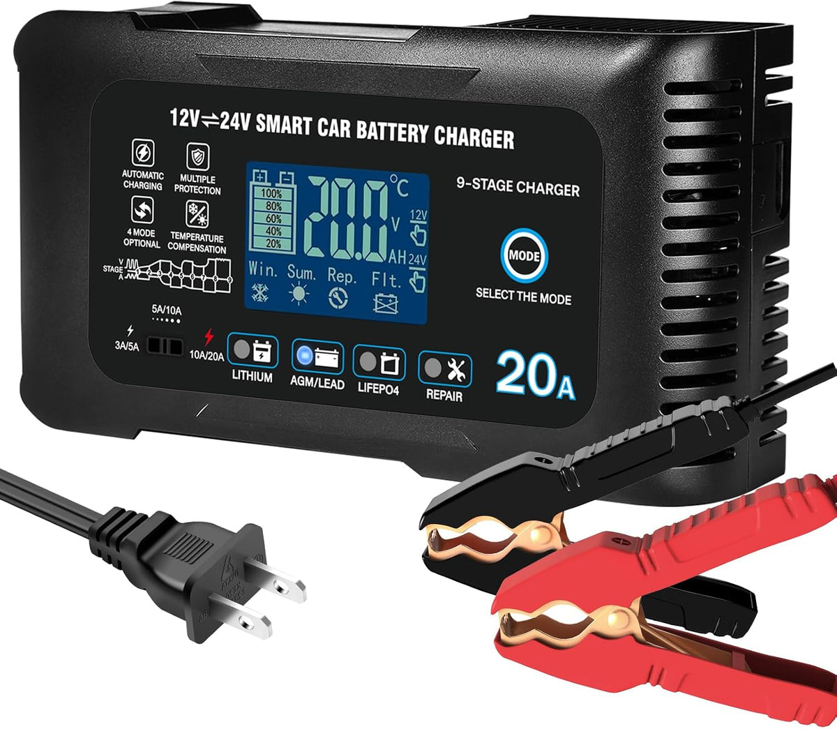 20A Car Battery Charger, 12/24V Smart Trickle Charger & Maintainer